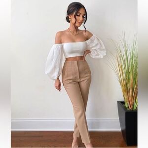 NWT Taupe/Beige High Waisted Tapered Ankle Length Trousers Size XS